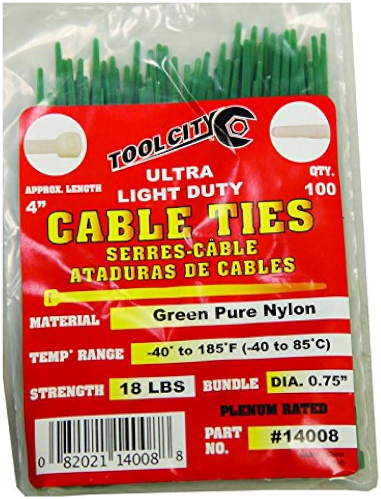 Zip Tie 4" 18lb. Tensile Ultra Light Duty 100 PC Green