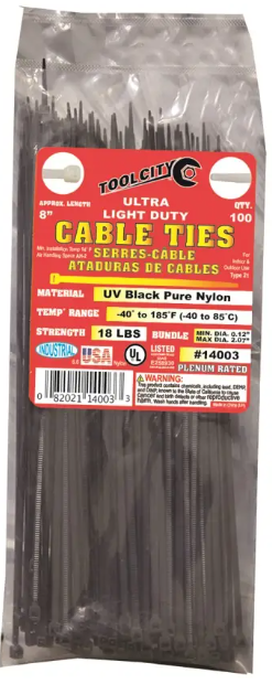 Zip Tie 8" 18lb. Tensile Ultra Light Duty 100 PC Black