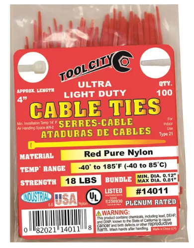Zip Tie 4" 18lb. Tensile Ultra Light Duty 100 PC Red