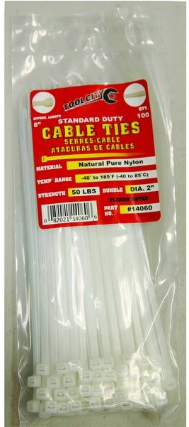 Zip Tie 8" 50lb. Tensile Standard Duty 100 PC Natural
