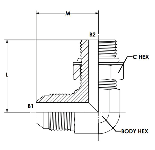 90° Elbow Forged - 1/2 in Male JIC 37° Flare x 3/8 in Male O-Ring Boss