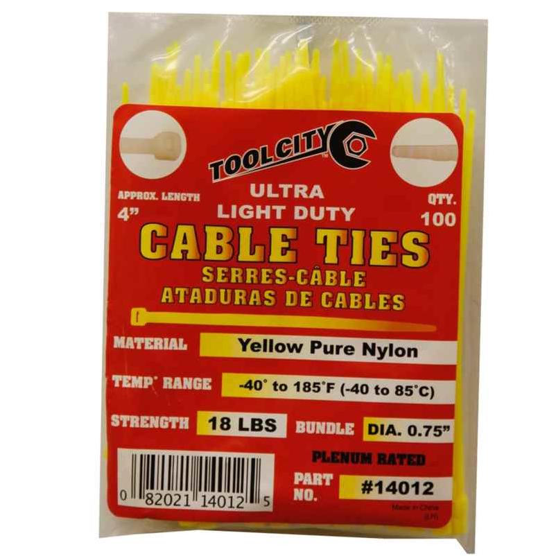 Zip Tie 4" 18lb. Tensile Ultra Light Duty  100 PC Yellow