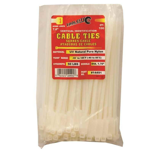 Zip Tie 7.6" 50lb. Tensile Vertical I.D. 100 PC Natural