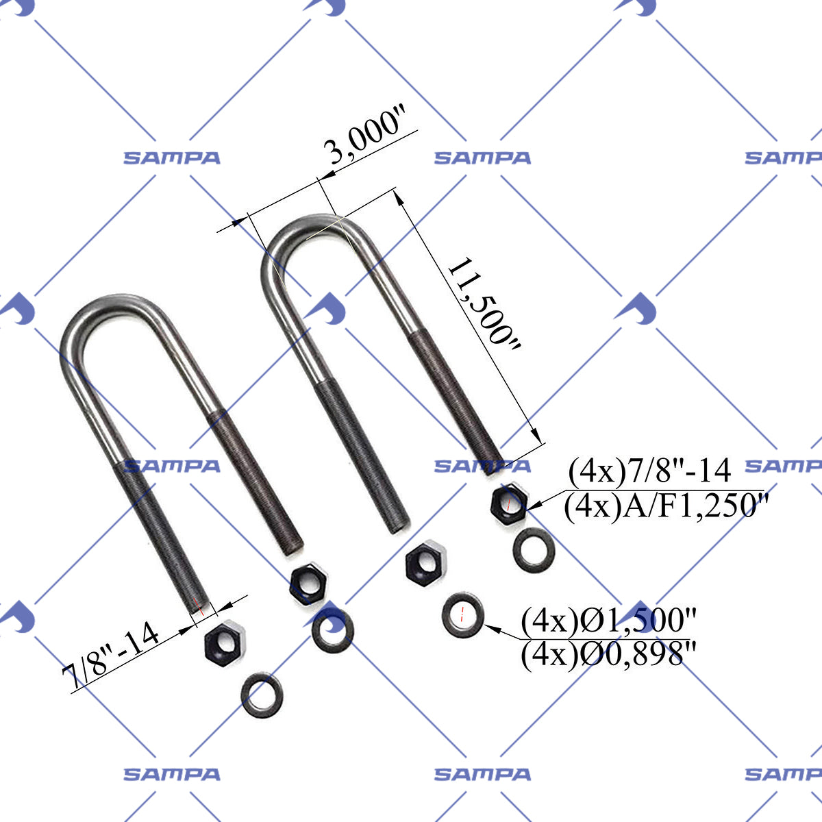 U Bolt Kit RND 7/8in X 3in X 11-1/2in
