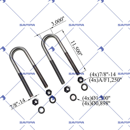 U Bolt Kit RND 7/8in X 3in X 11-1/2in