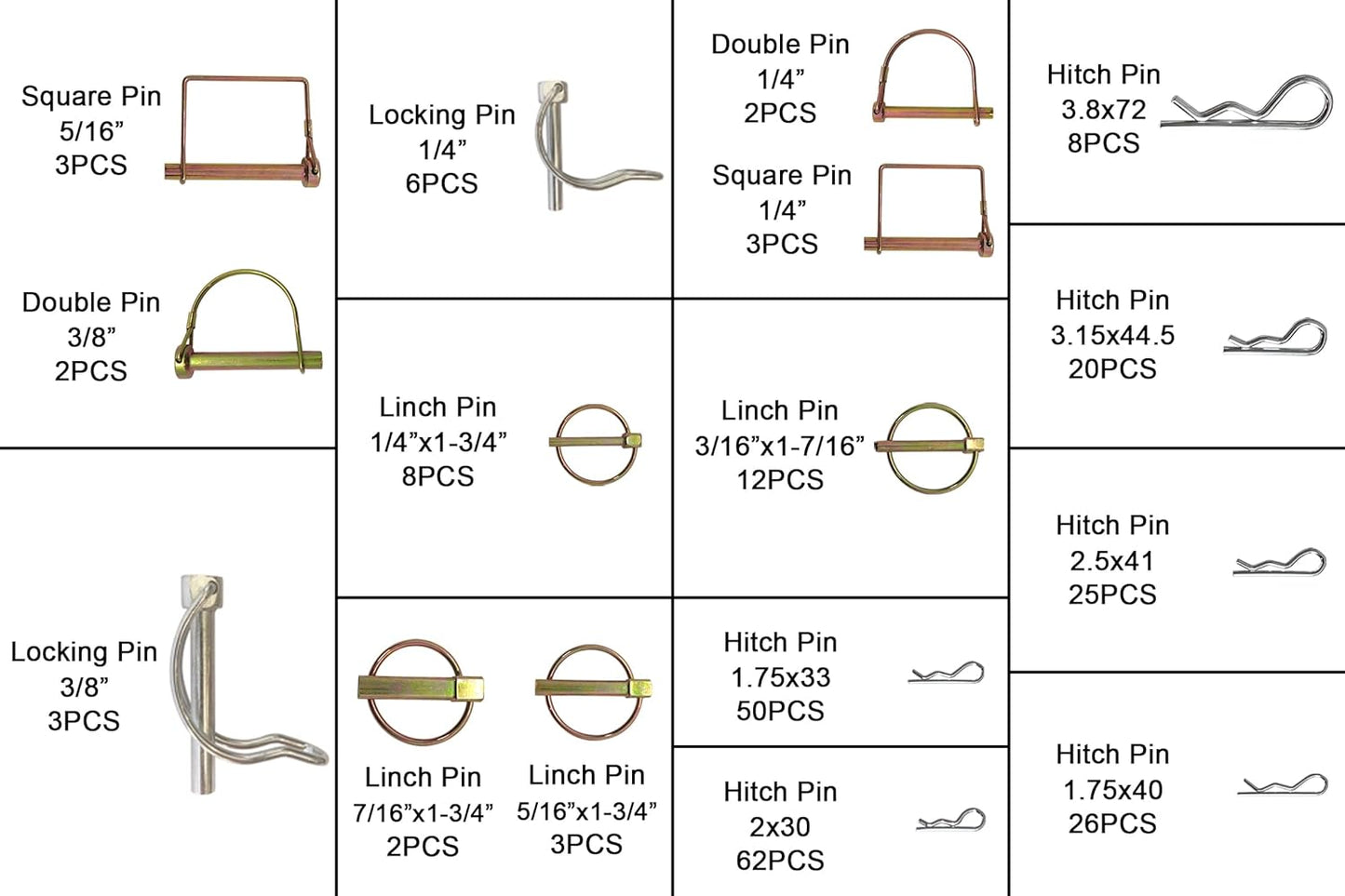 Hitch Pins Clip Pins, Linch and PTO Pins 235 pcs