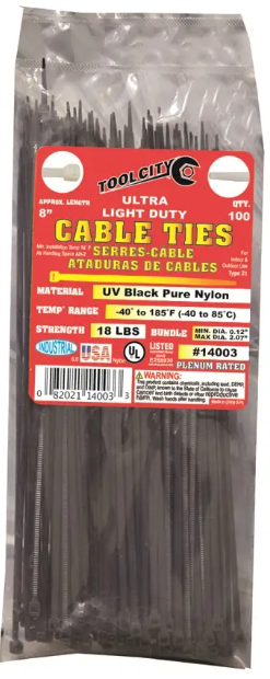 Zip Tie  8" 18lb. Tensile Ultra Light Duty  100 PC Black