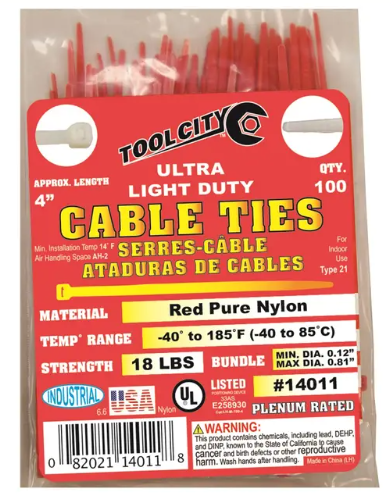 Zip Tie 4" 18lb. Tensile Ultra Light Duty  100 PC Red