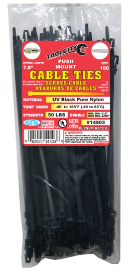 Zip Tie 7.9" 50lb. Tensile Push Mount 100 PC Black