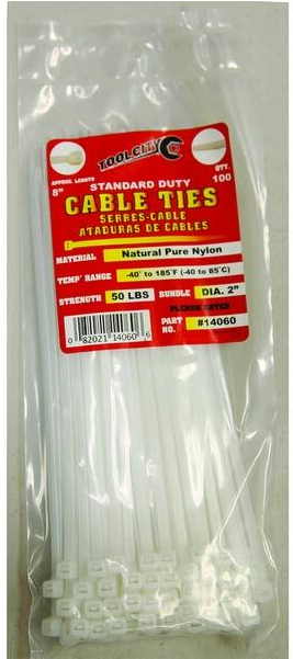 Zip Tie 8" 50lb. Tensile Standard Duty  100 PC Natural