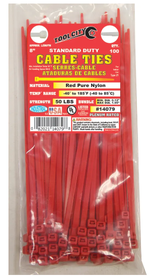 Zip Tie 8" 50lb. Tensile Standard Duty  100 PC Red