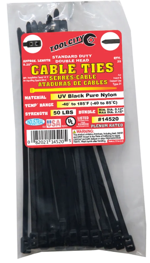 Zip Tie  8.25" 50lb. Tensile SD Double Head 25 PC Black