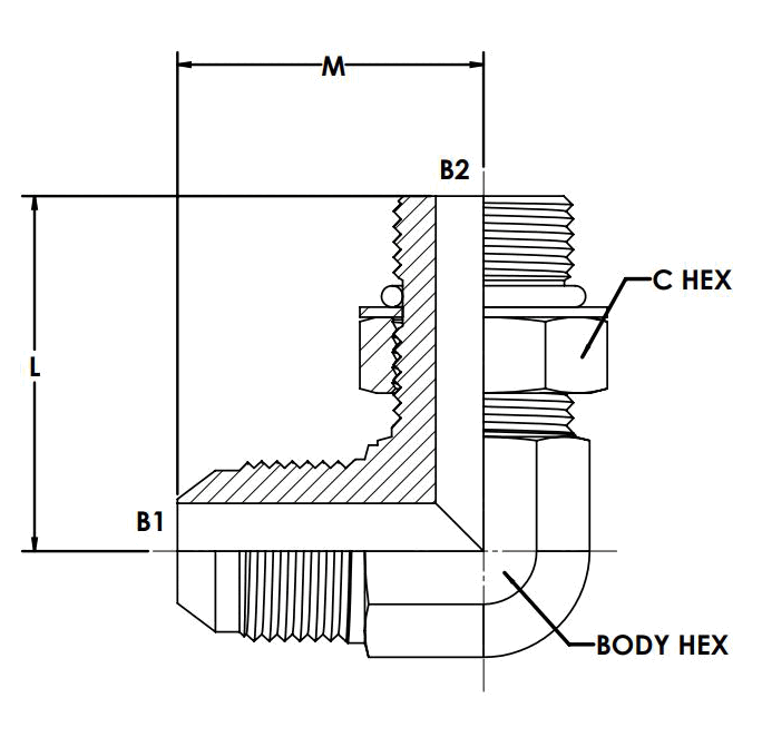 90° Elbow Forged - 1/4 in Male JIC 37° Flare x 3/8 in Male O-Ring Boss