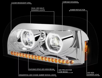 Freightliner Century Headlight Chrome w/Amber LED Day Light &Turn Signal LED Driver Side